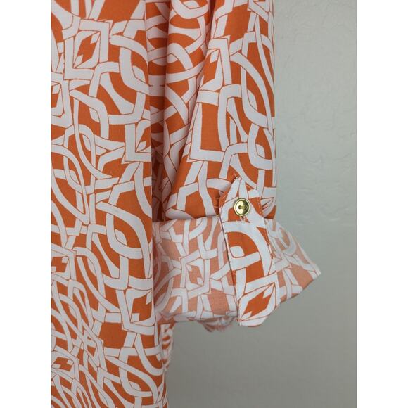 Chico's 3 XL Orange Print Collared Long Roll Tab Sleeve Button Front Blouse - Picture 5 of 7